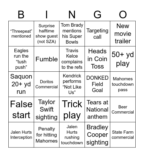 SUPER BOWL Bingo Card