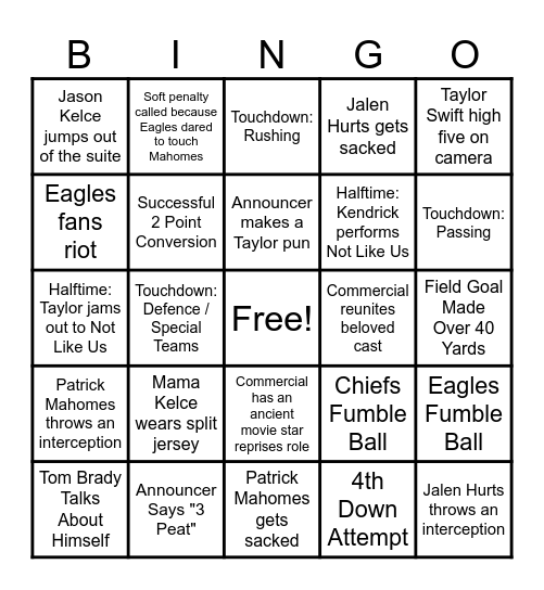 🦉 Superb Owl LIX 🦉 Bingo Card