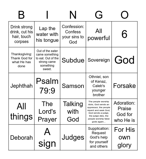 Sunday School Bingo Card