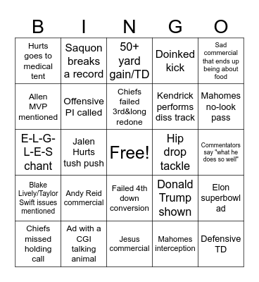 Superbowl Bingo Card
