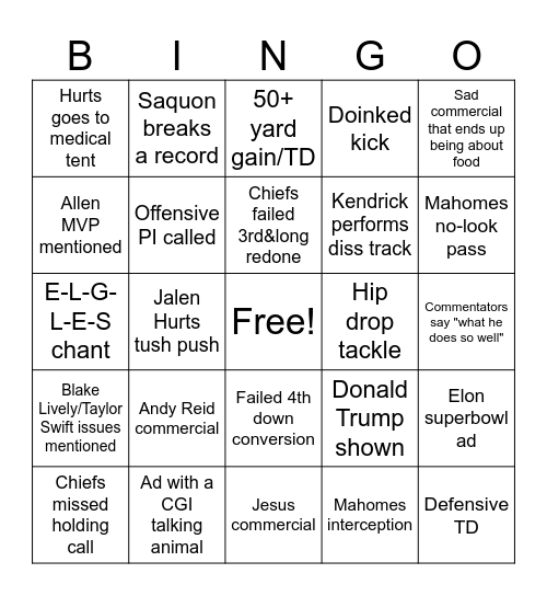 Superbowl Bingo Card
