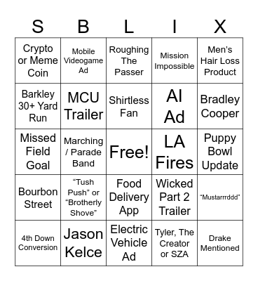 Super Bowl Mania Bingo Card