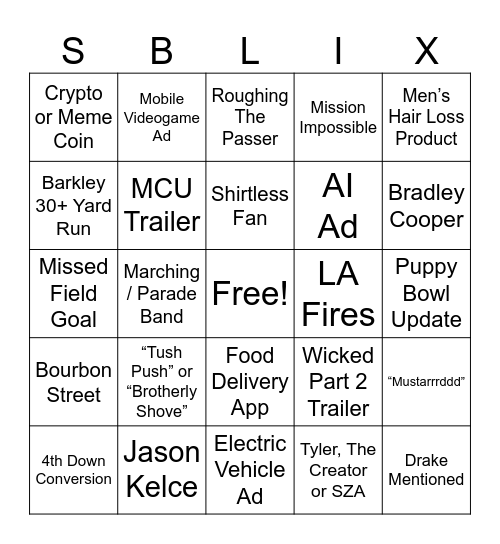 Super Bowl Mania Bingo Card