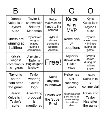Taylor Swift Super Bowl Bingo Card