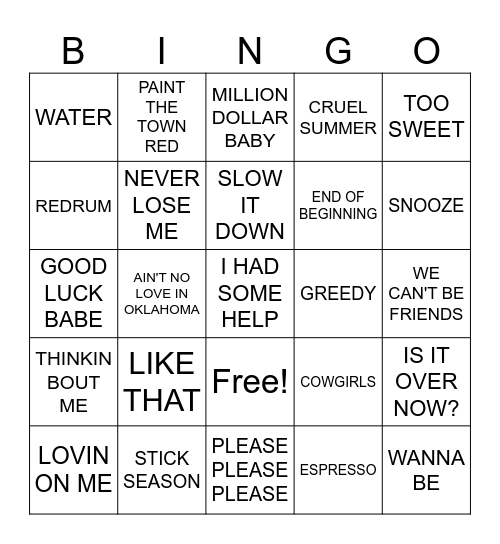 TOP 100 SONGS Bingo Card