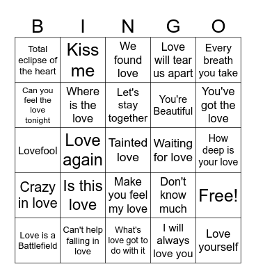 Love Songs Bingo Card