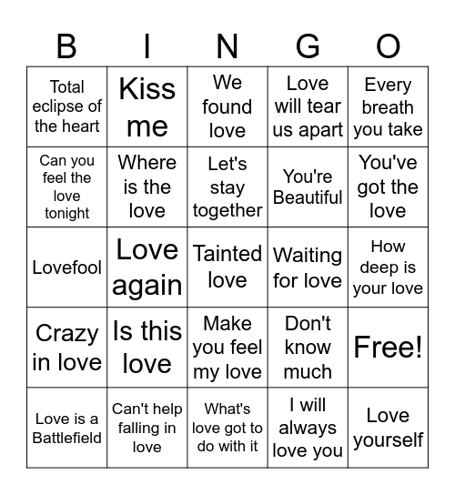 Love Songs Bingo Card