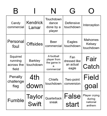 Superbowl Bingo Card