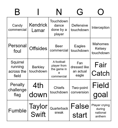 Superbowl Bingo Card