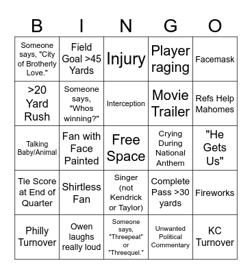 Student Min. Super Bowl Bingo Card