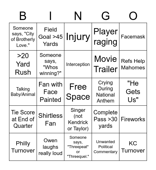 Student Min. Super Bowl Bingo Card