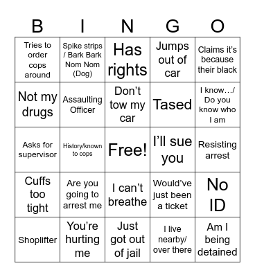 Police Body Cam Bingo Card
