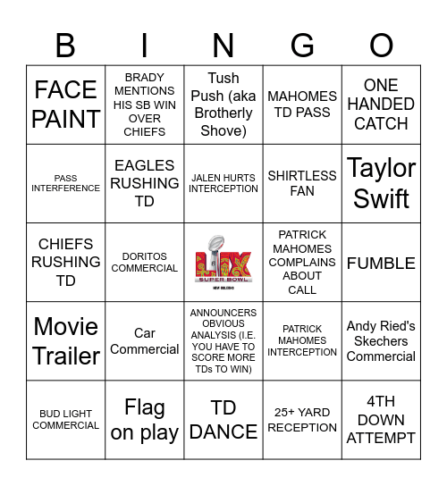 Super Bowl LIX Bingo Card
