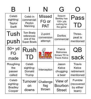Super Bowl LIX Bingo (Kickoff to end of game) Bingo Card