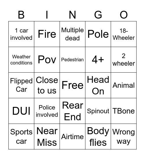 Car Crash Bingo Card