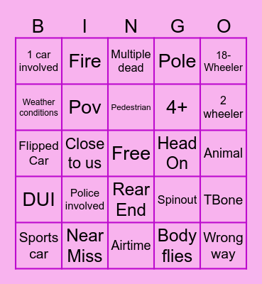 Car Crash Bingo Card