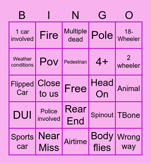 Car Crash Bingo Card