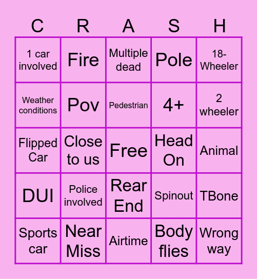 Car Crash Bingo Card