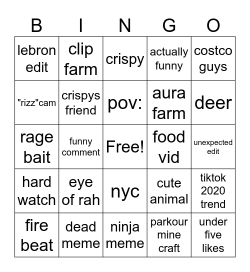 tiktok bingo Card