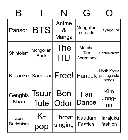 East Asia Bingo Card