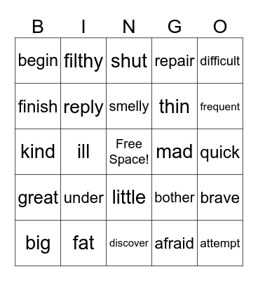 Synonym Bingo Card