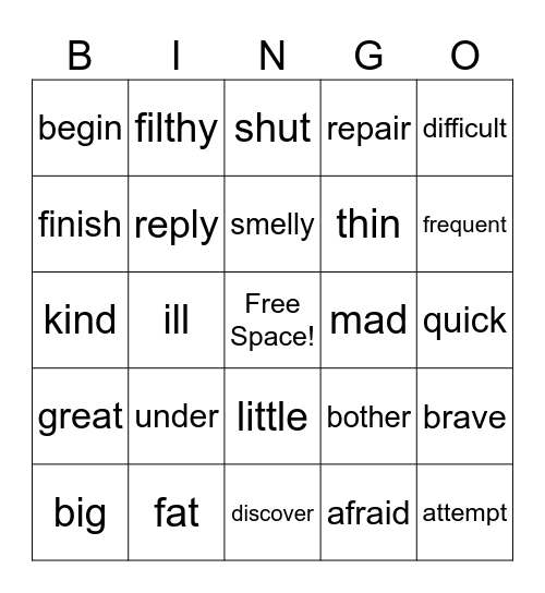 Synonym Bingo Card