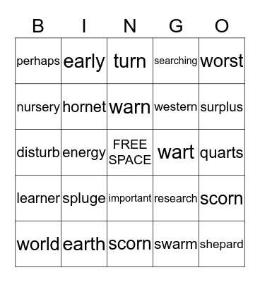Vowel-r Bingo Card
