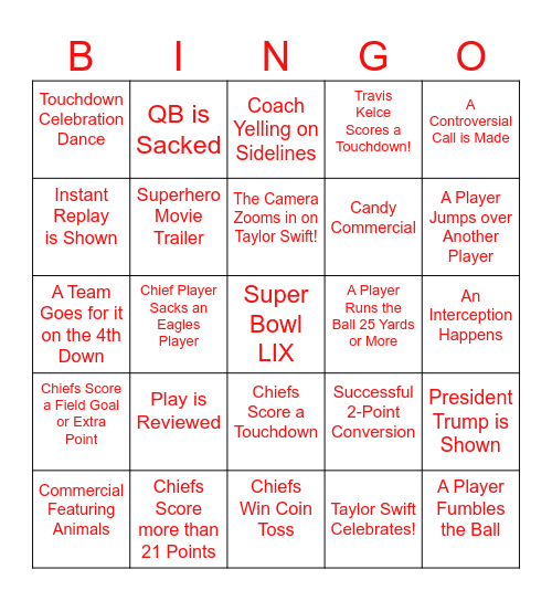 Super Bowl Bingo! Bingo Card