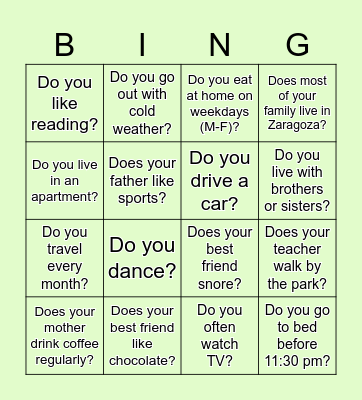 Present Simple Bingo Card