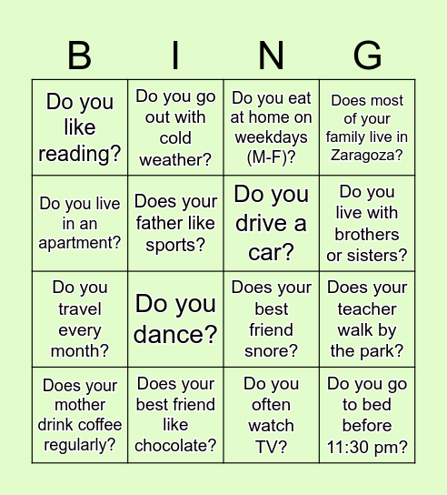 Present Simple Bingo Card