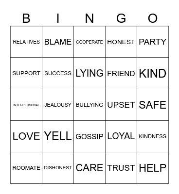 RELATIONSHIP Bingo Card