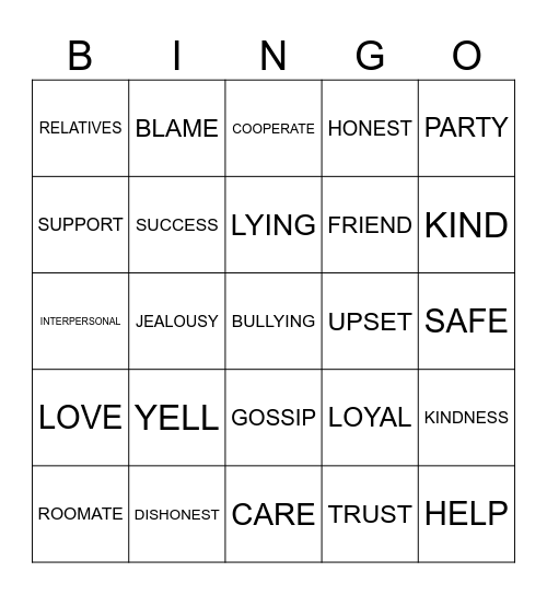 RELATIONSHIP Bingo Card