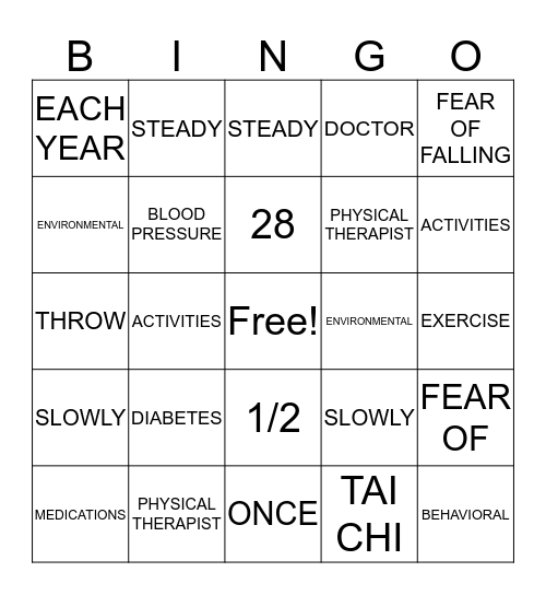 FALL PREVENTION Bingo Card