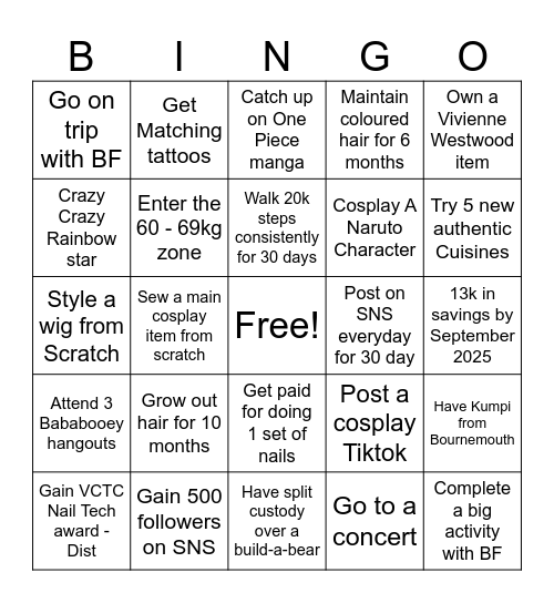 2025 Goals Bingo Card