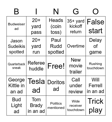 Superbowl 2025 Bingo Card