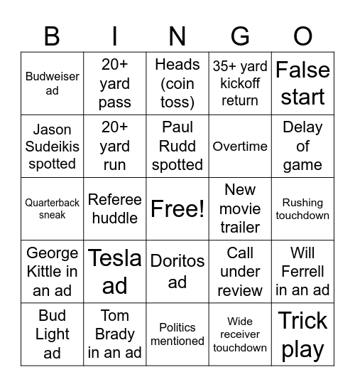 Superbowl 2025 Bingo Card