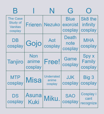 Anime cosplay hunt Bingo Card
