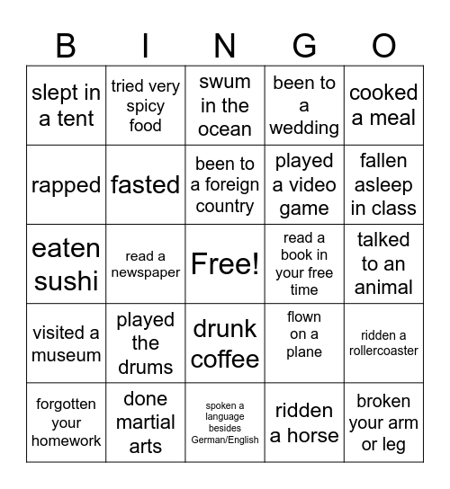 Have you ever...? Bingo Card