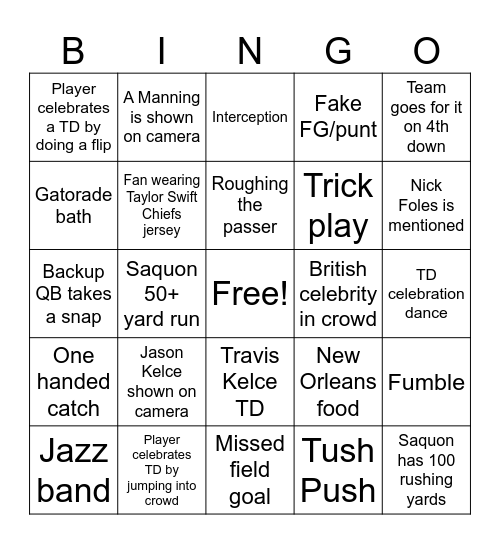 Super Bowl LIX Bingo Card