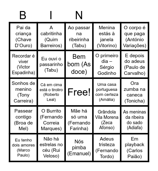 Bingo Musical Bingo Card