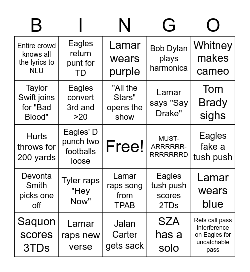 SuperBowl Morris/Sterling Edition Bingo Card