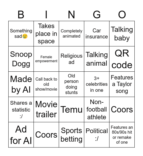 SB LIX COMMERCIALS Bingo Card