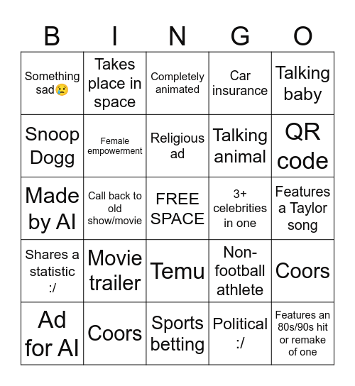 SB LIX COMMERCIALS Bingo Card