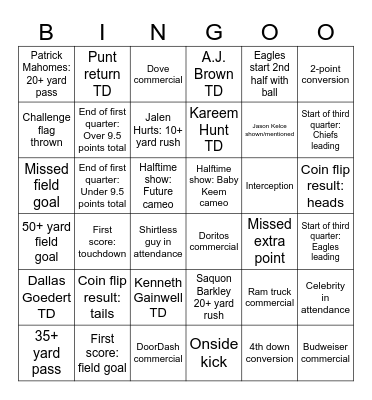Super Bowl LIX Bingo Card