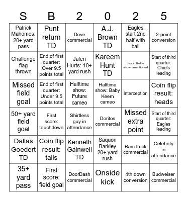 Super Bowl LIX Bingo Card