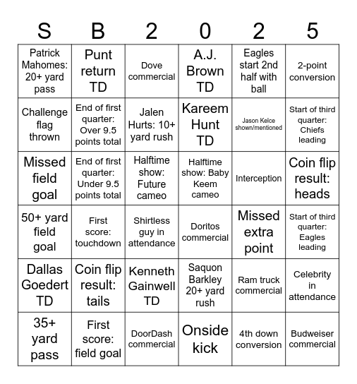 Super Bowl LIX Bingo Card
