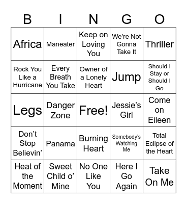 80s Rock Hits Bingo Card