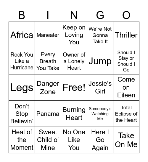 80s Rock Hits Bingo Card