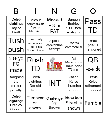 Super Bowl LIX Bingo (called between kickoff & end of game) Bingo Card