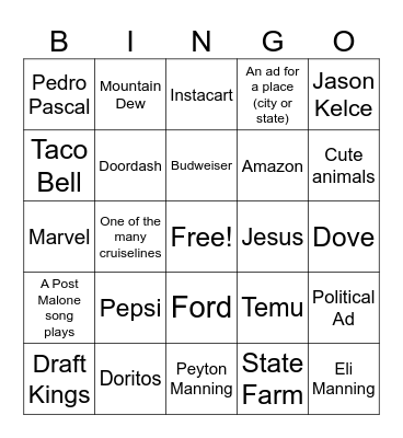 Super Bowl Commercial Bingo Card